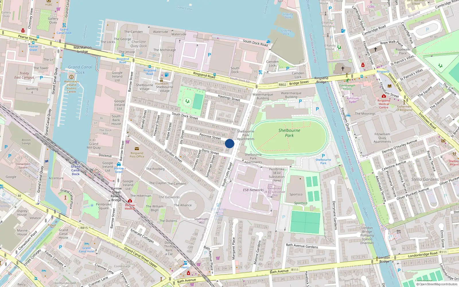 Overhead map showing the location of 68 South Lotts Road, Dublin