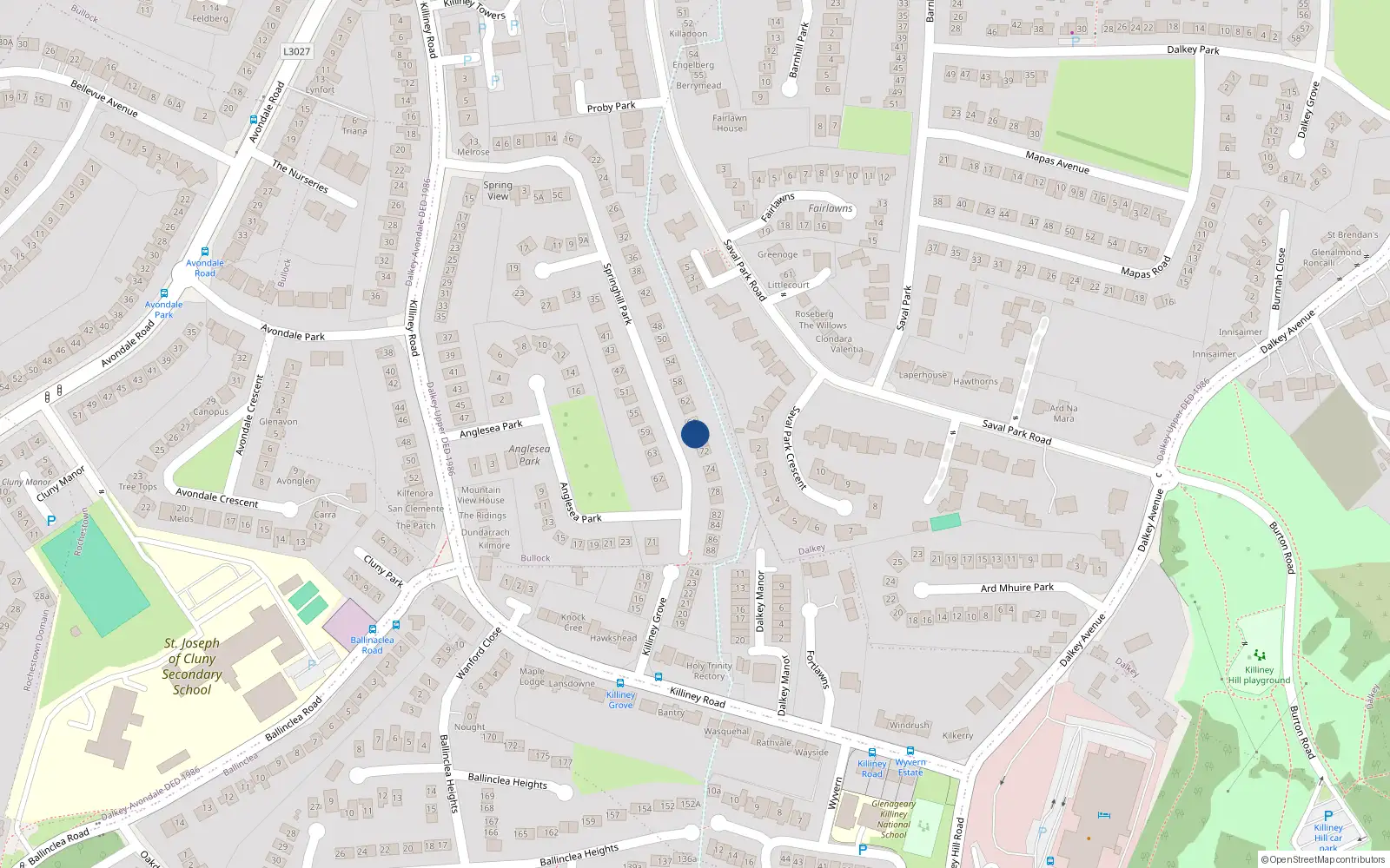 Overhead map showing the location of 68 Springhill Park, Killiney, Co Dublin