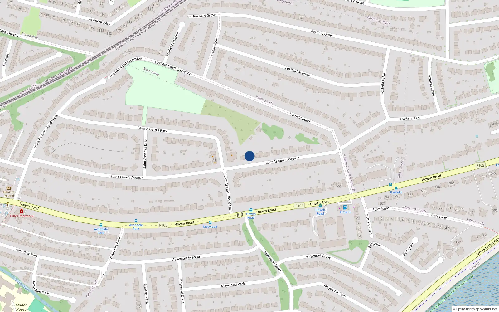 Overhead map showing the location of 68 St Assams Avenue, Raheny, Dublin 5
