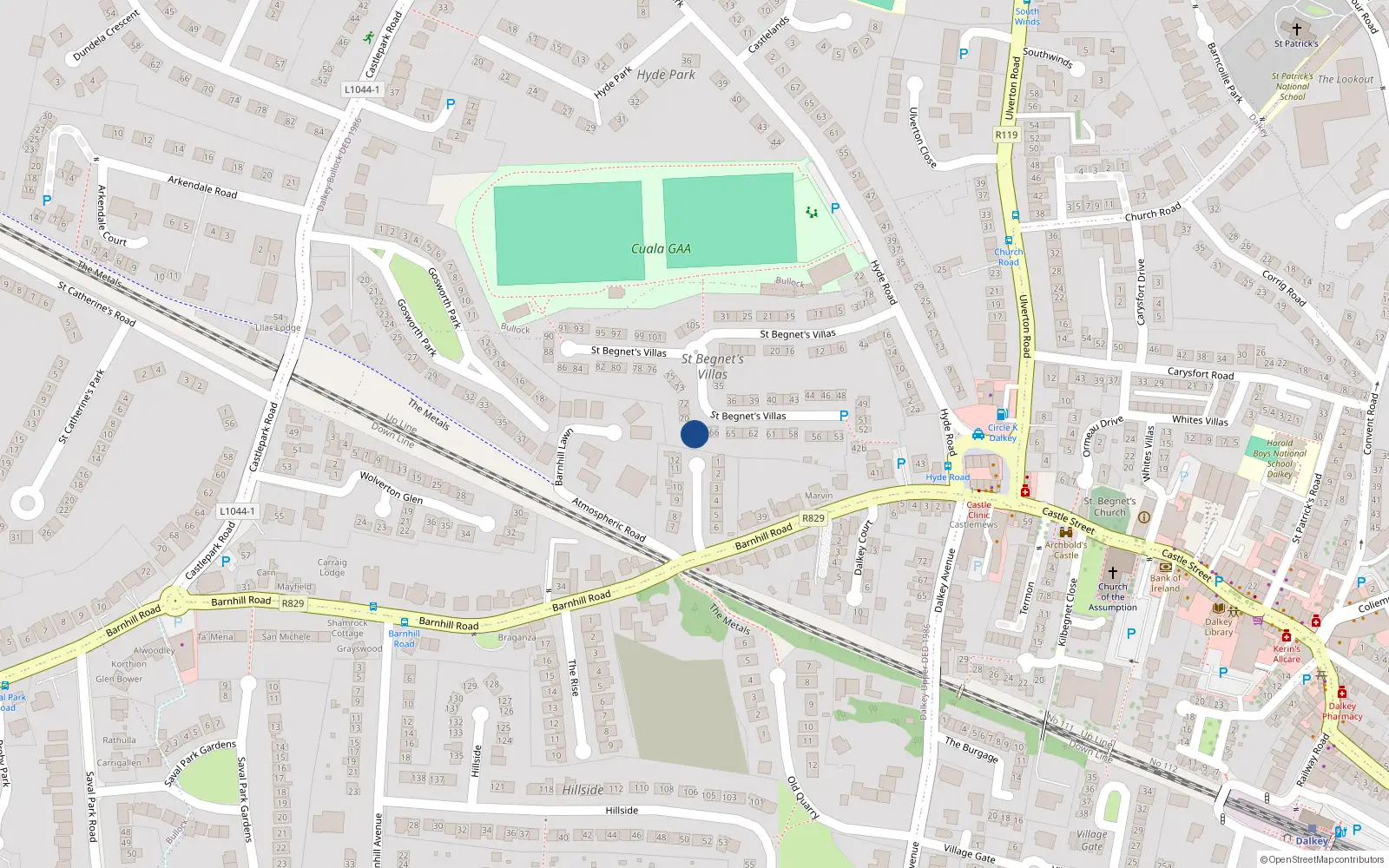 Overhead map showing the location of 68 St Begnets Villas, Dalkey, Dublin