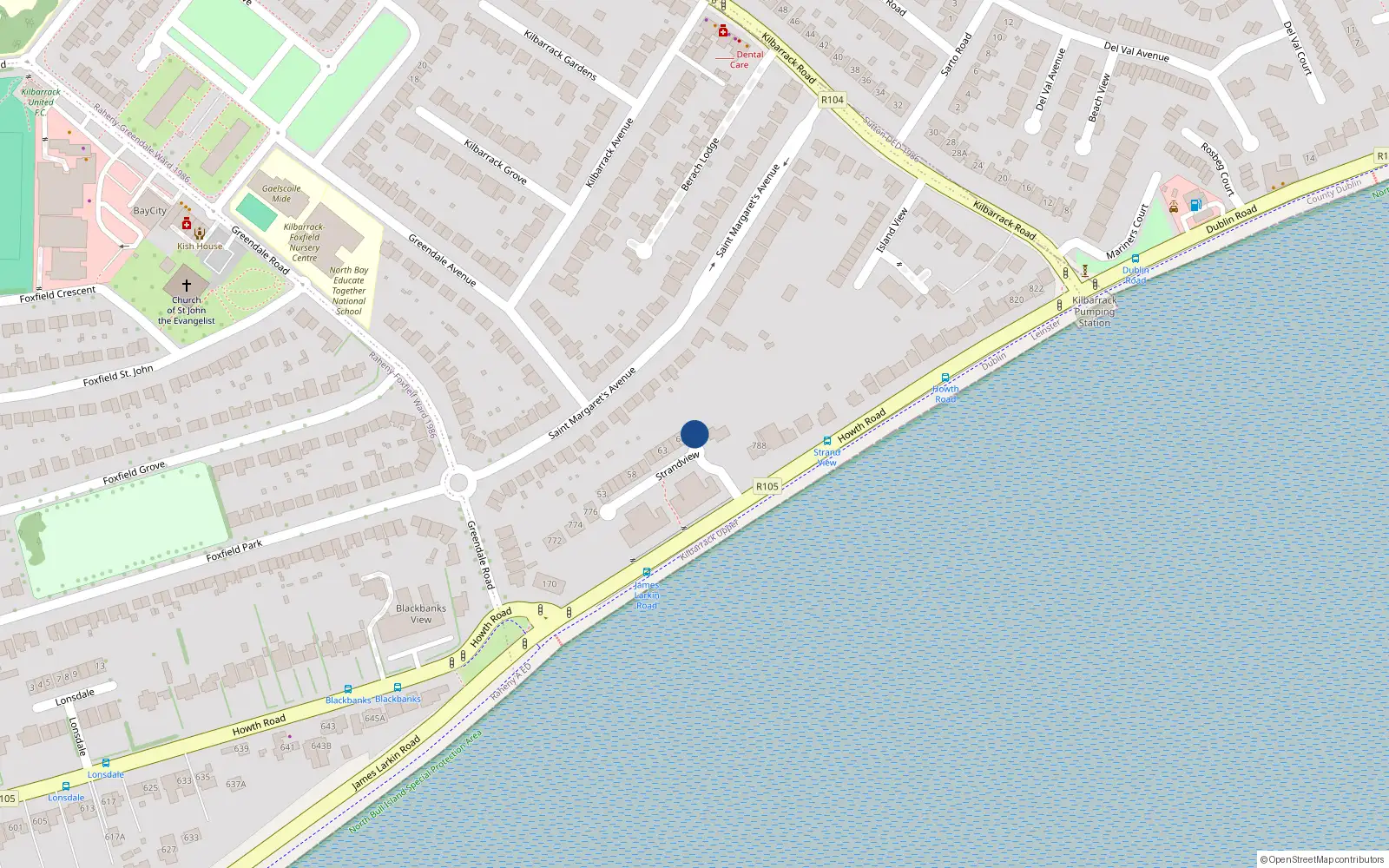 Overhead map showing the location of 68 Strand View, Howth Road, Dublin 5