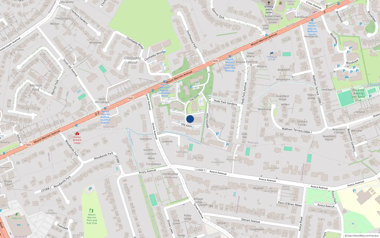 Overhead map showing the location of 68 the Elms Block 8, Mount Merrion, Blackrock