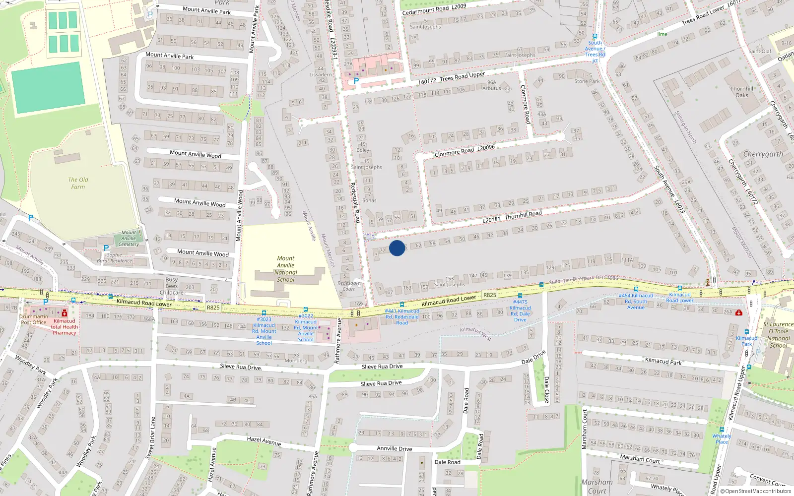 Overhead map showing the location of 68 Thornhill Road, Mount Merrion, Dublin