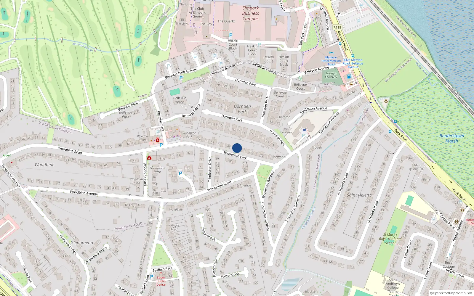 Overhead map showing the location of 68 Trimleston Park, Blackrock
