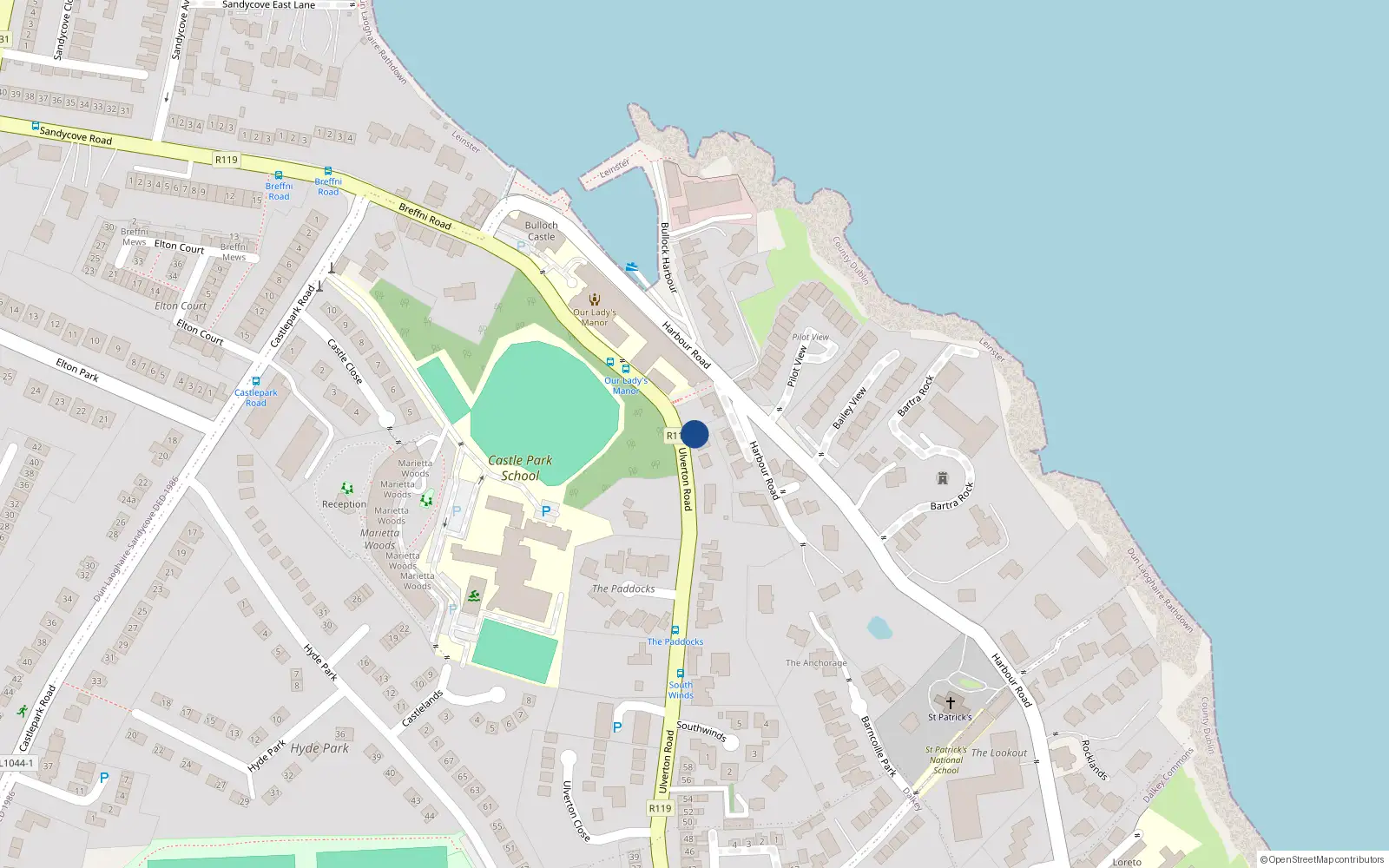 Overhead map showing the location of 68 Ulverton Road, Dalkey, Dublin