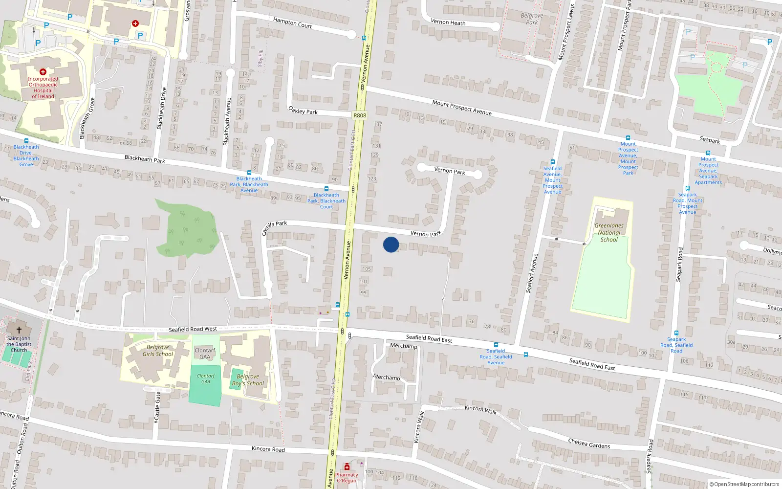 Overhead map showing the location of 68 Vernon Park, Dublin 3