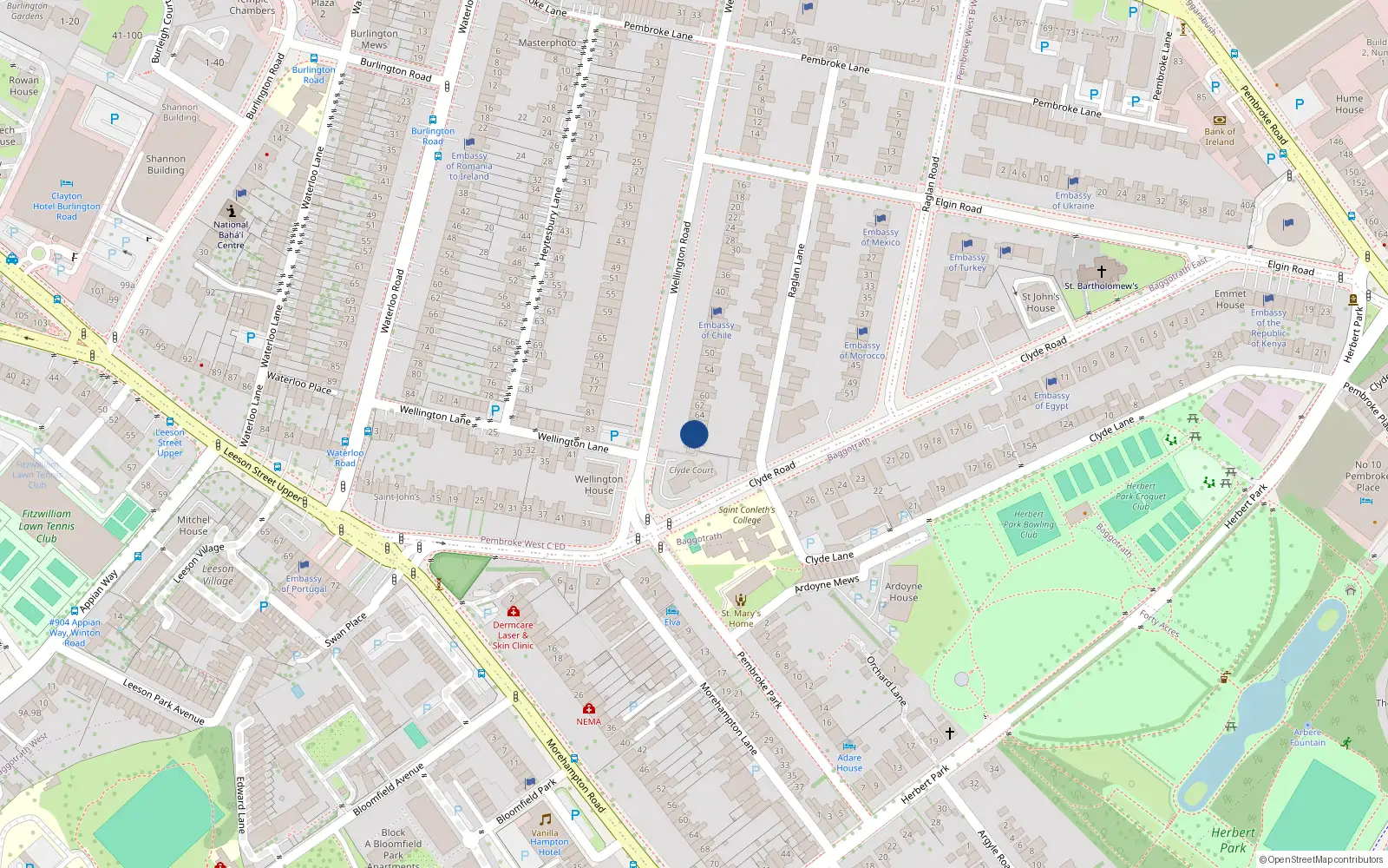 Overhead map showing the location of 68 Wellington Road, Dublin 4