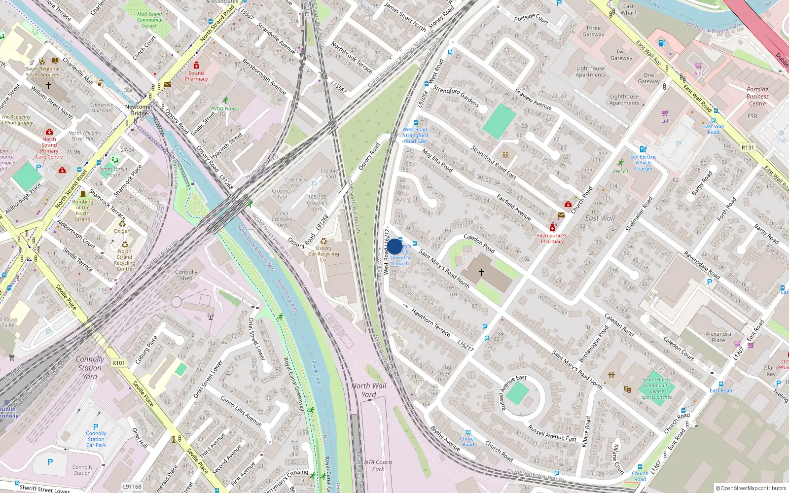 Overhead map showing the location of 68 West Road, East Wall, Dublin 3