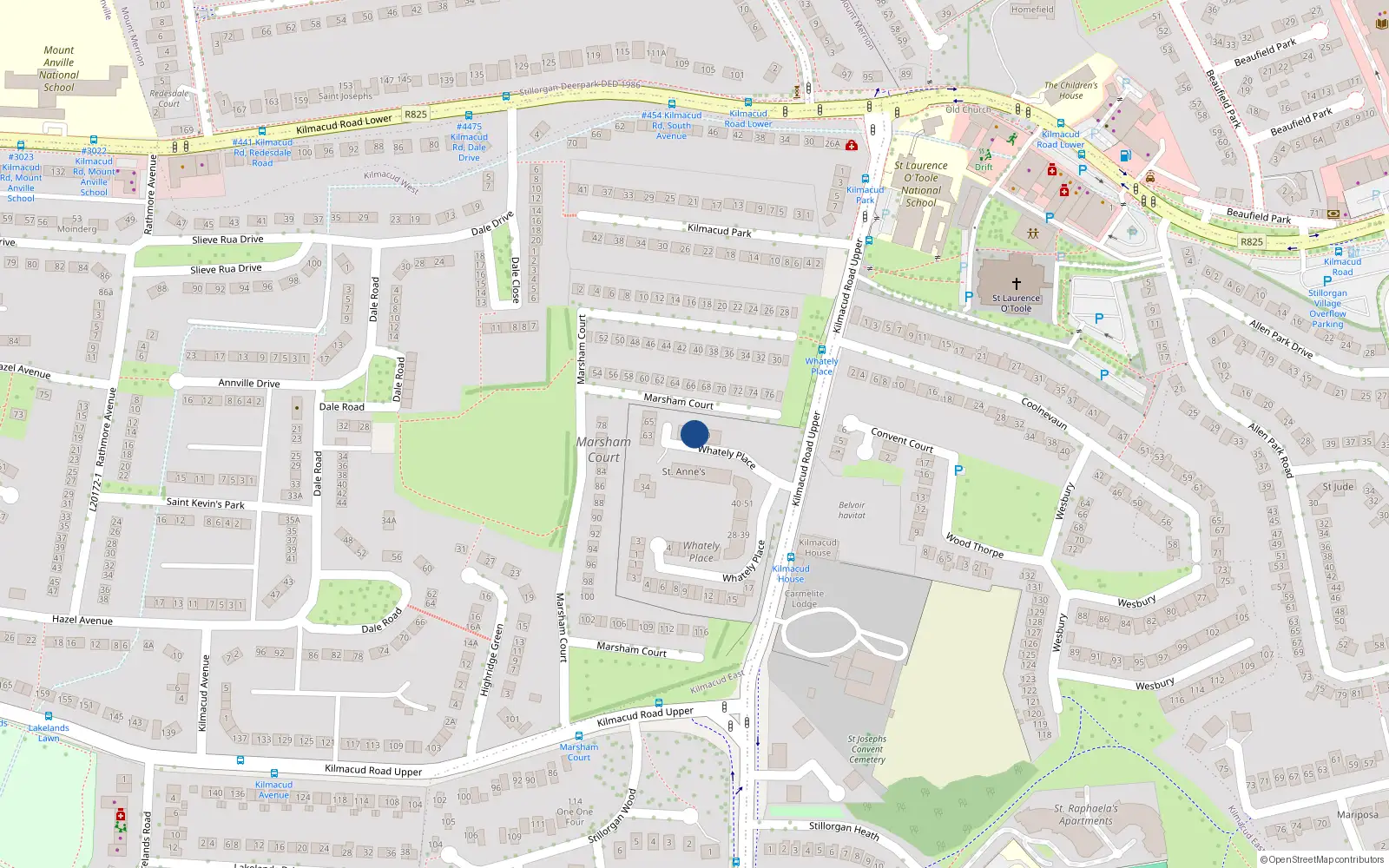Overhead map showing the location of 68 Whatley Place, Stillorgan, Dublin