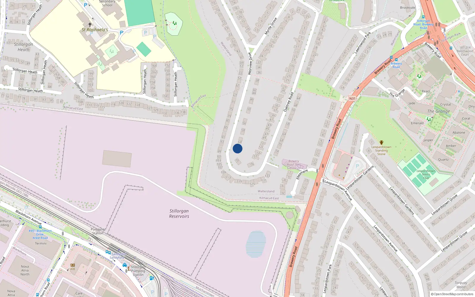 Overhead map showing the location of 68 Wierview Drive, Stillorgan, Dublin