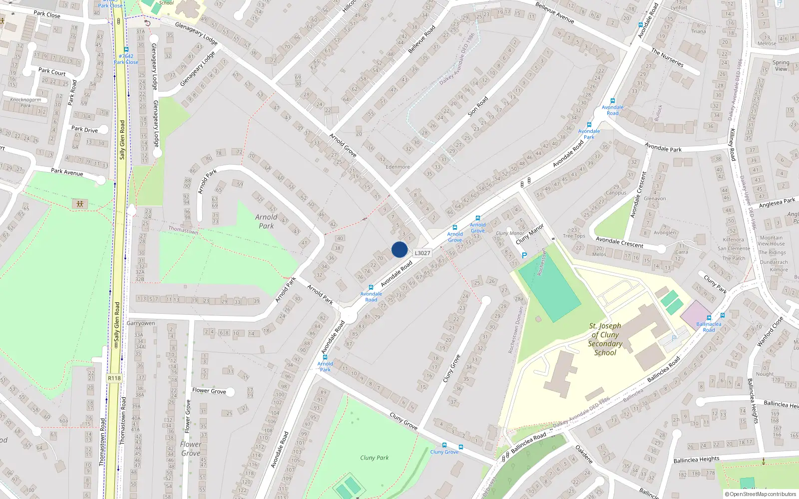 Overhead map showing the location of 68A Avondale Road, Killiney