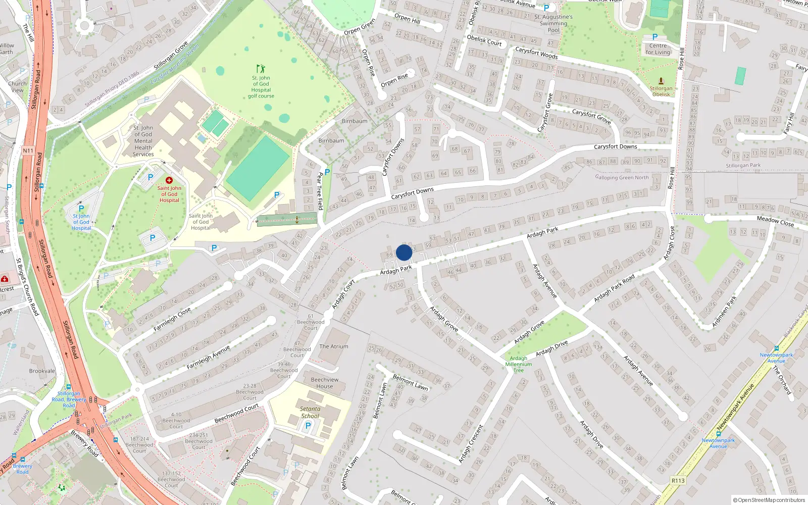 Overhead map showing the location of 69 Ardagh Park, Blackrock, Dublin