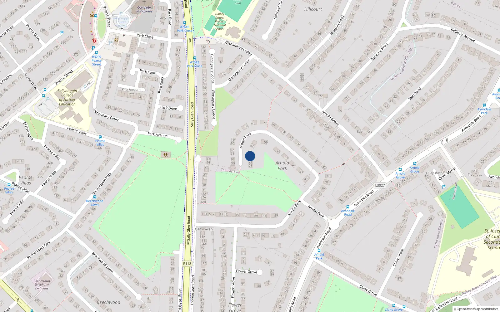 Overhead map showing the location of 69 Arnold Park, Glenageary, Dun Laoghaire