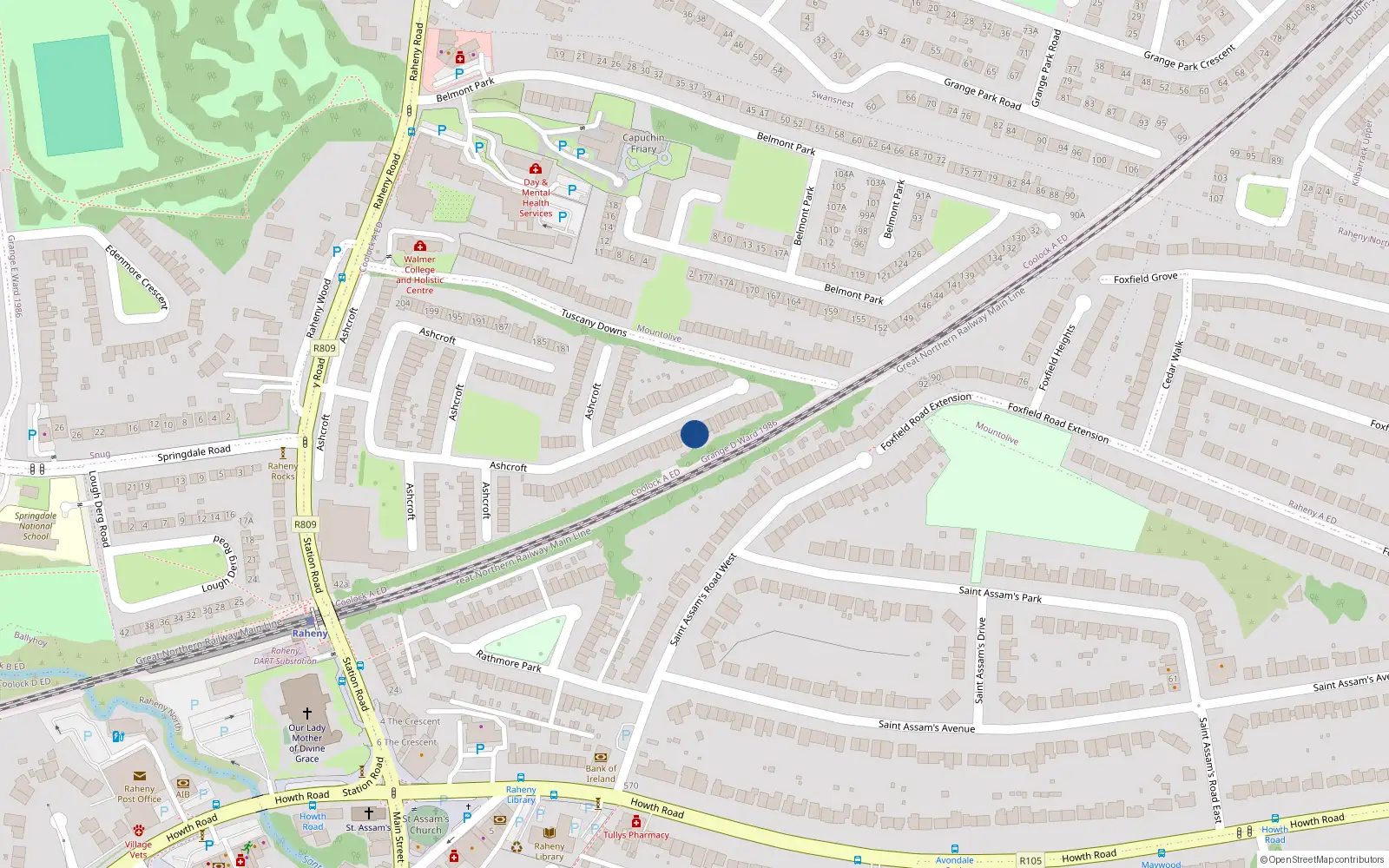 Overhead map showing the location of 69 Ashcroft, Dublin 5