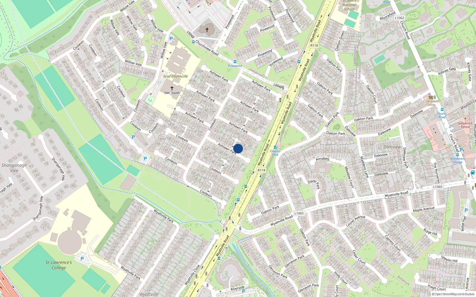 Overhead map showing the location of 69 Ashlawn Park, Ballybrack, Dublin