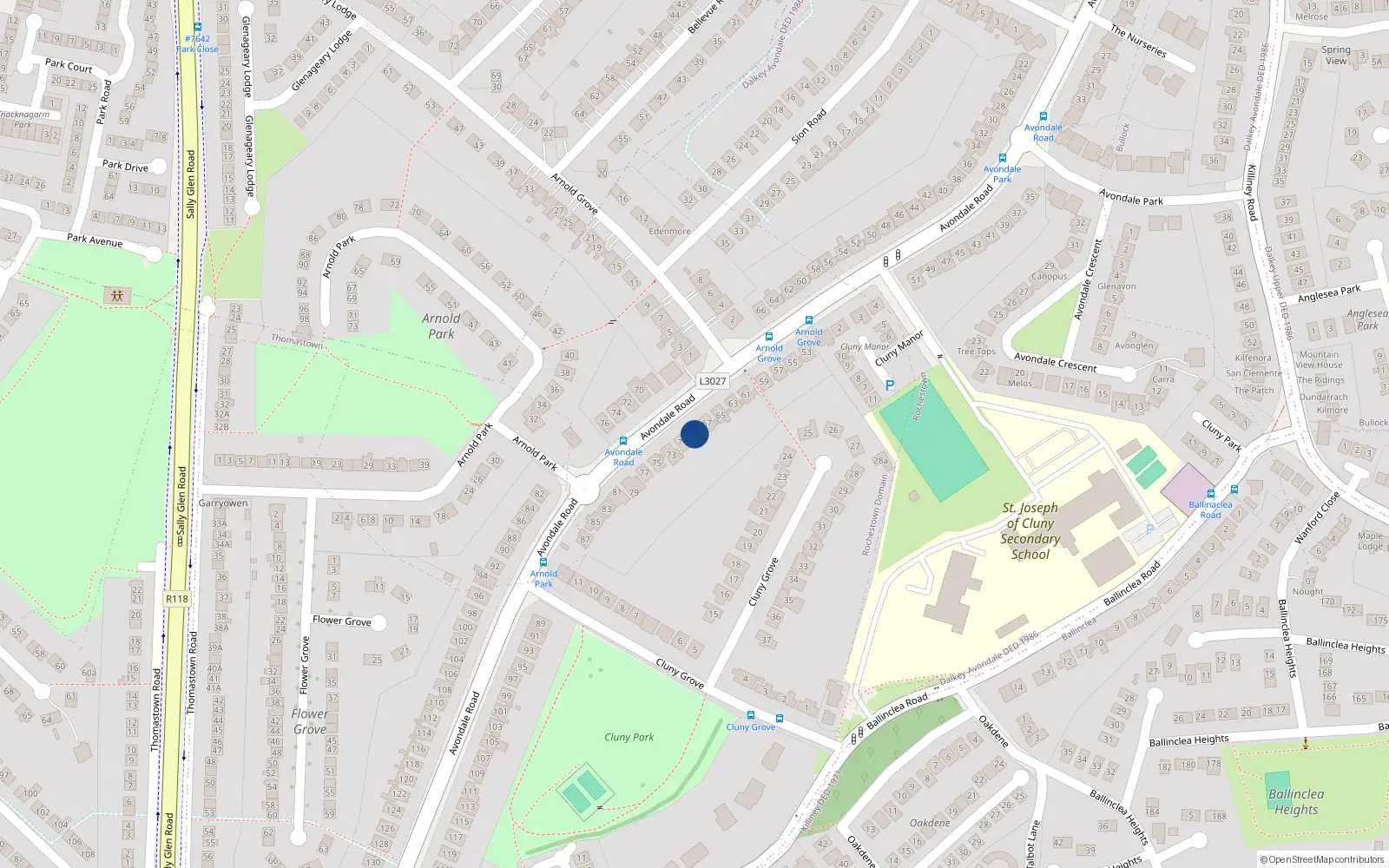 Overhead map showing the location of 69 Avondale Road, Killiney, Dublin