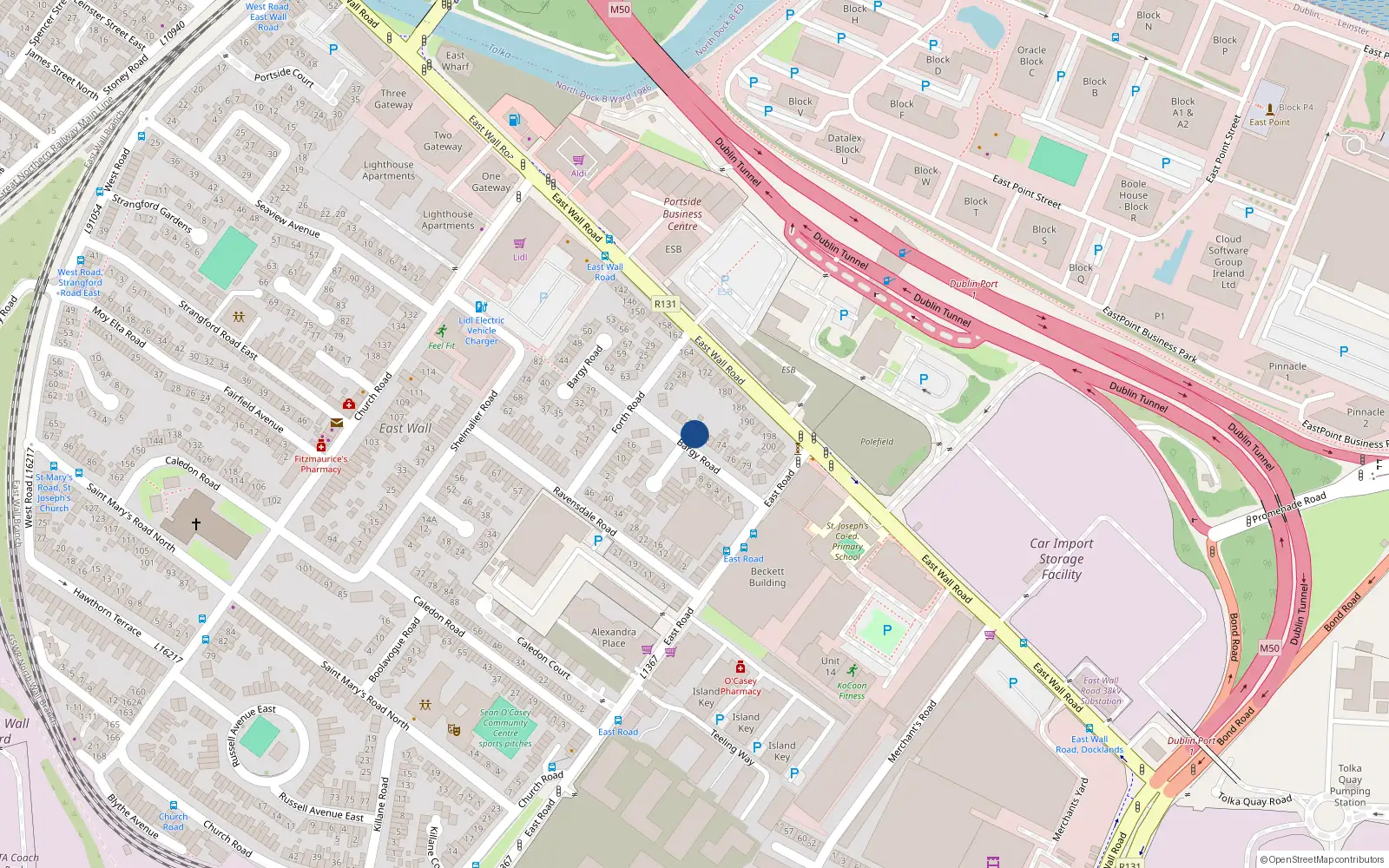 Overhead map showing the location of 69 Bargy Road, East Wall, Dublin 3