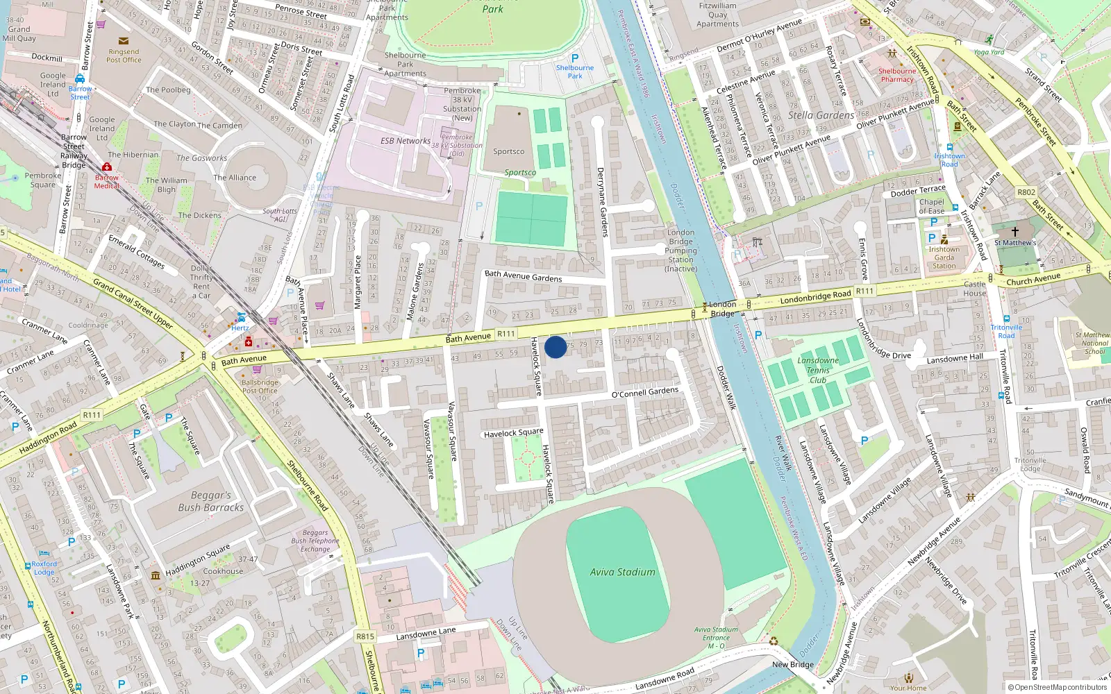 Overhead map showing the location of 69 Bath Avenue, Dublin 4