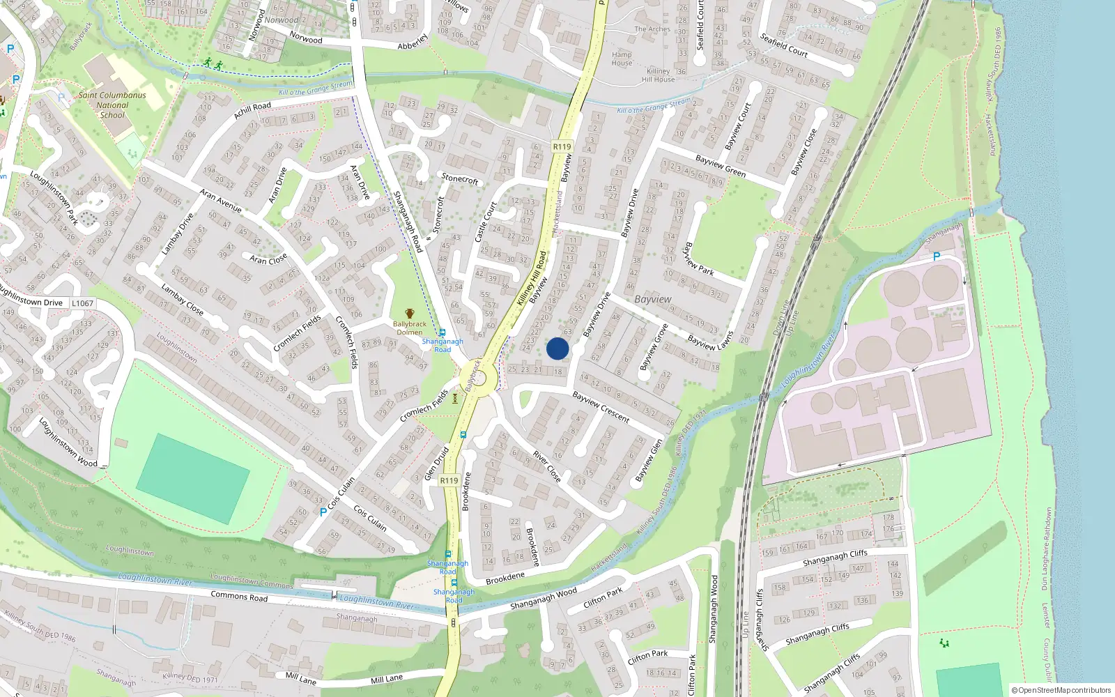 Overhead map showing the location of 69 Bayview Drive, Killiney
