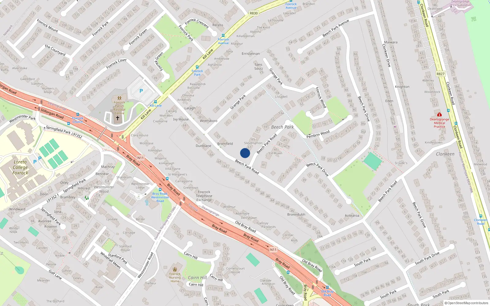 Overhead map showing the location of 69 Beech Park Road, Dublin 18