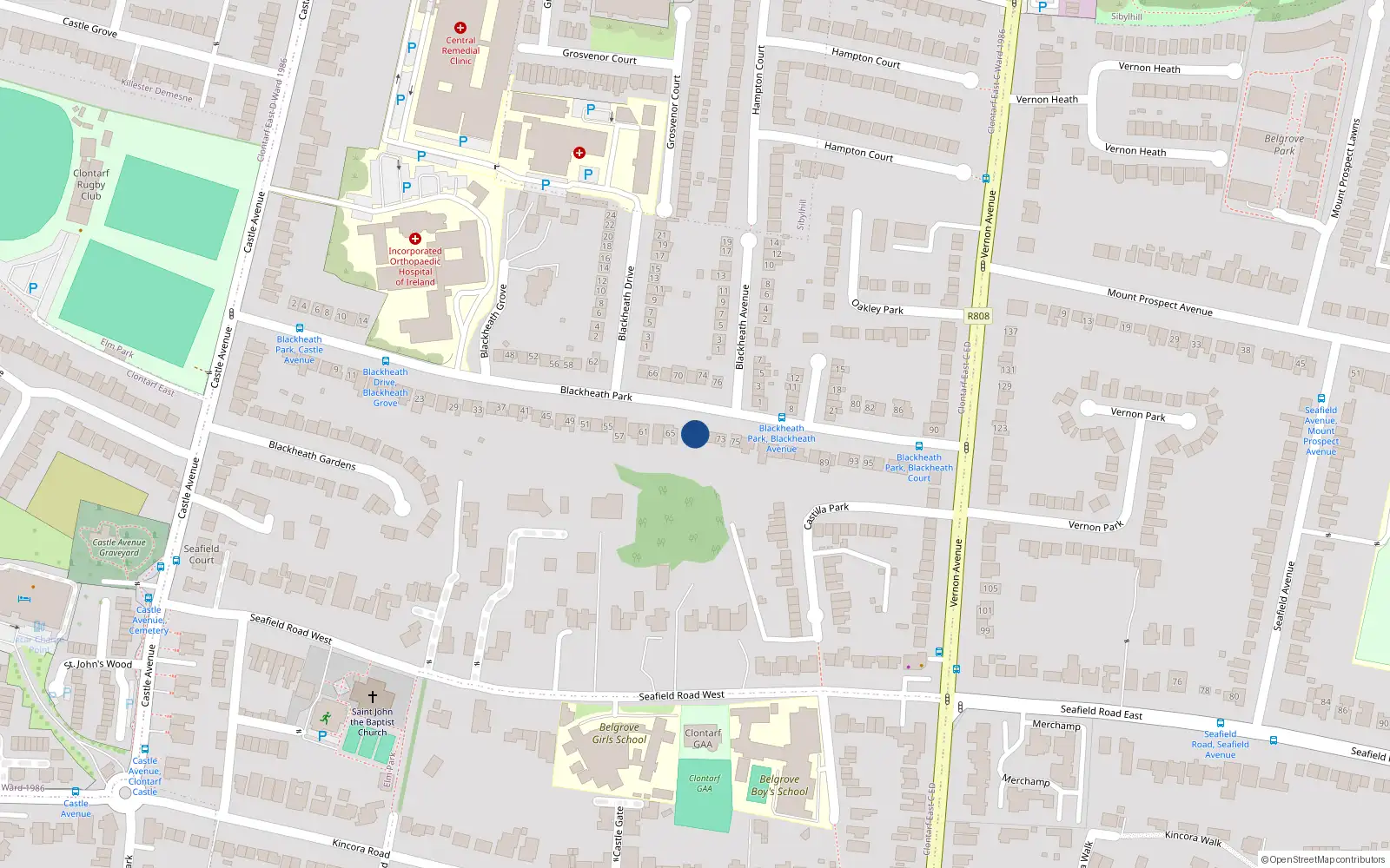 Overhead map showing the location of 69 Blackheath Park, Clontarf, Dublin