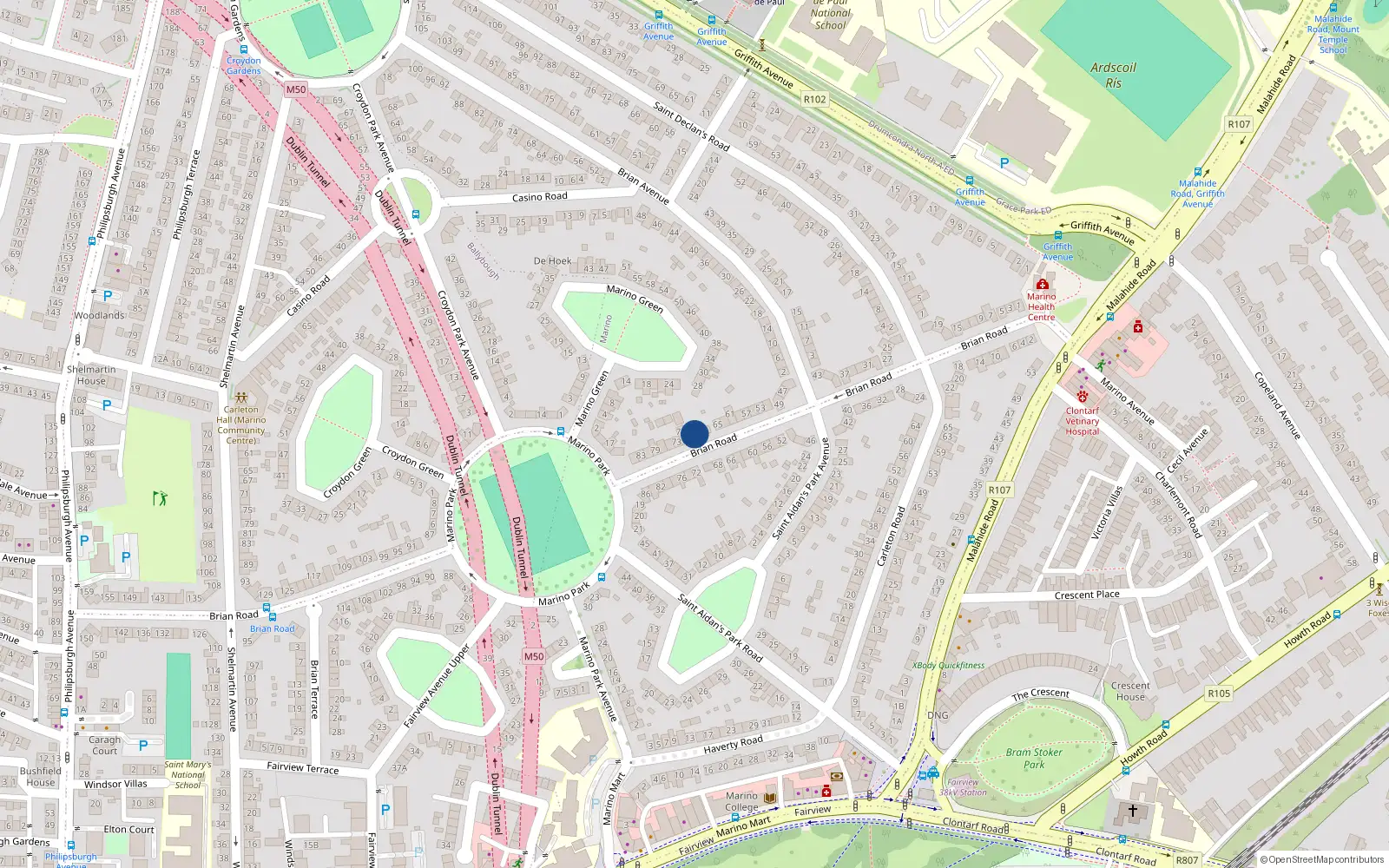 Overhead map showing the location of 69 Brian Road, Dublin 3