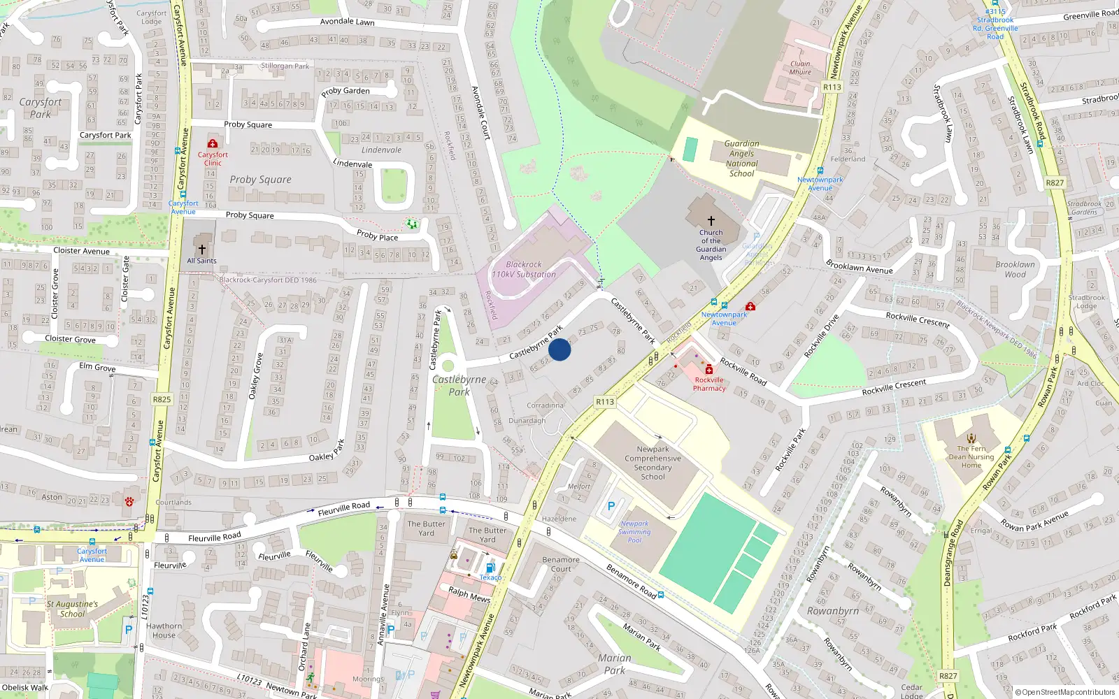 Overhead map showing the location of 69 Castlebyrne Park, Blackrock