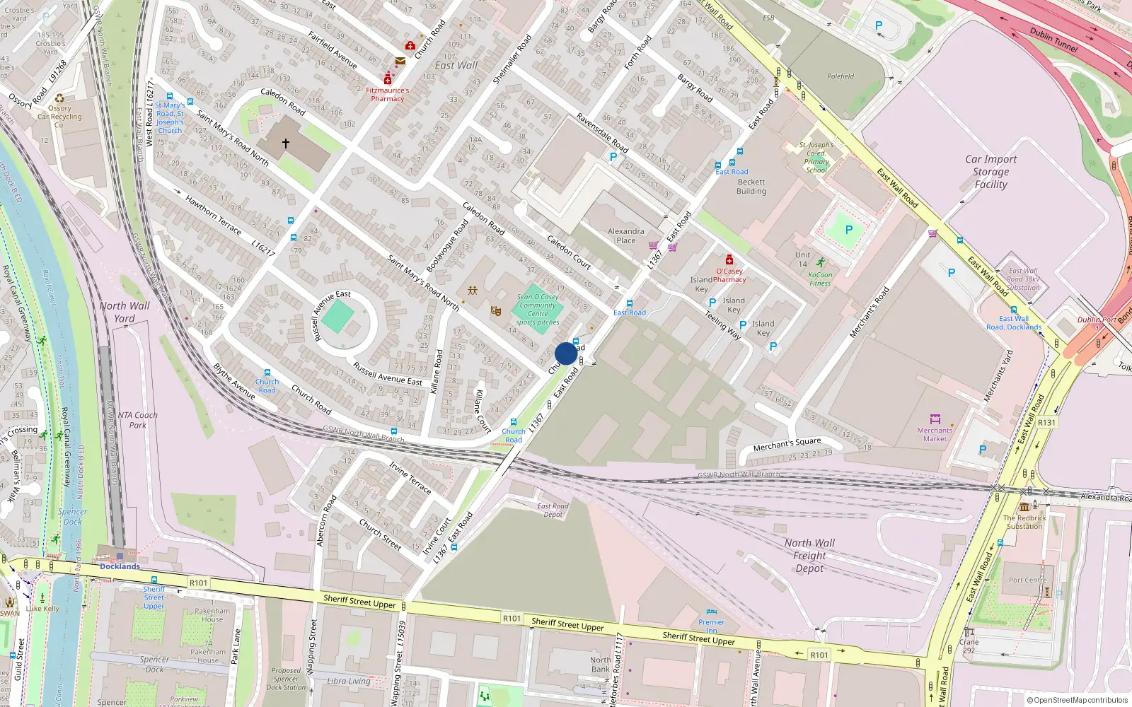 Overhead map showing the location of 69 Church Road, East Wall