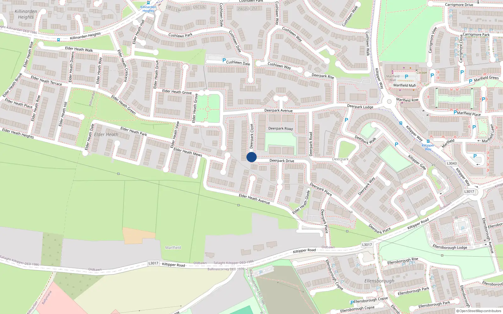 Overhead map showing the location of 69 Deerpark Close, Tallaght