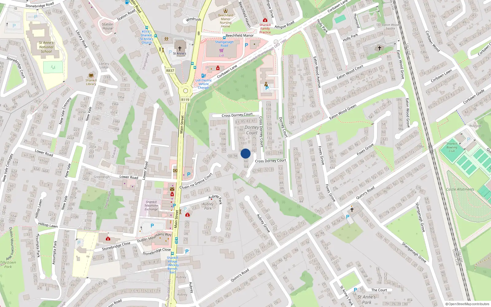 Overhead map showing the location of 69 Dorney Court, Shankill