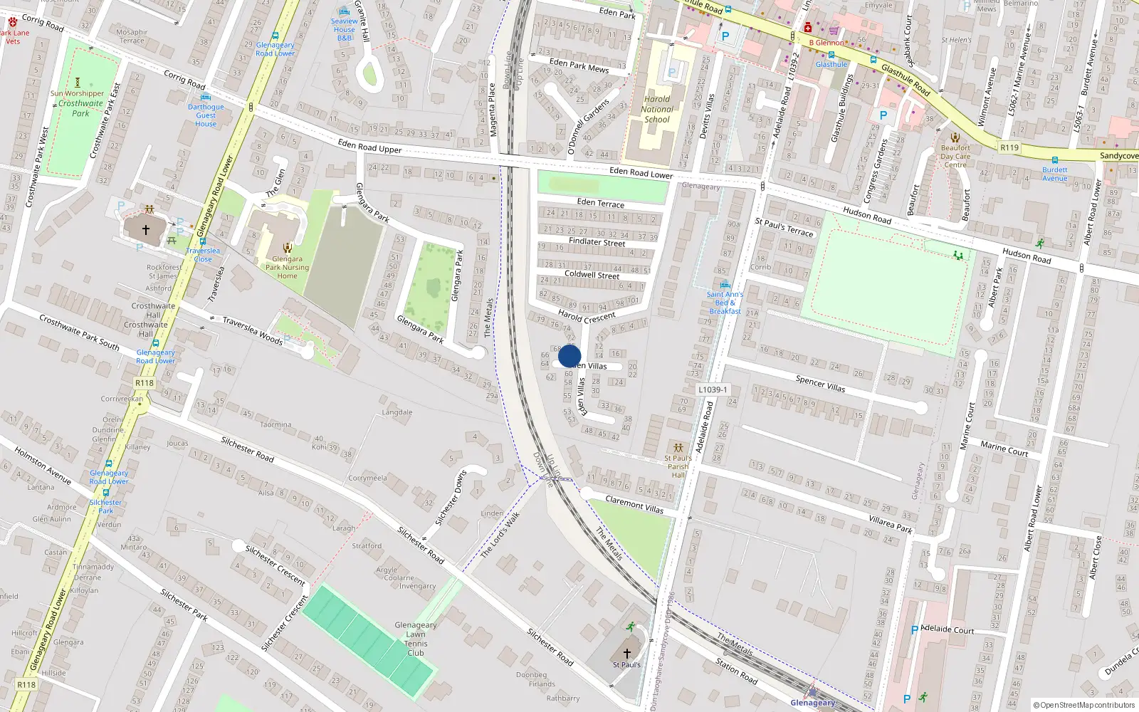 Overhead map showing the location of 69 Eden Villas, Glasthule, Dublin