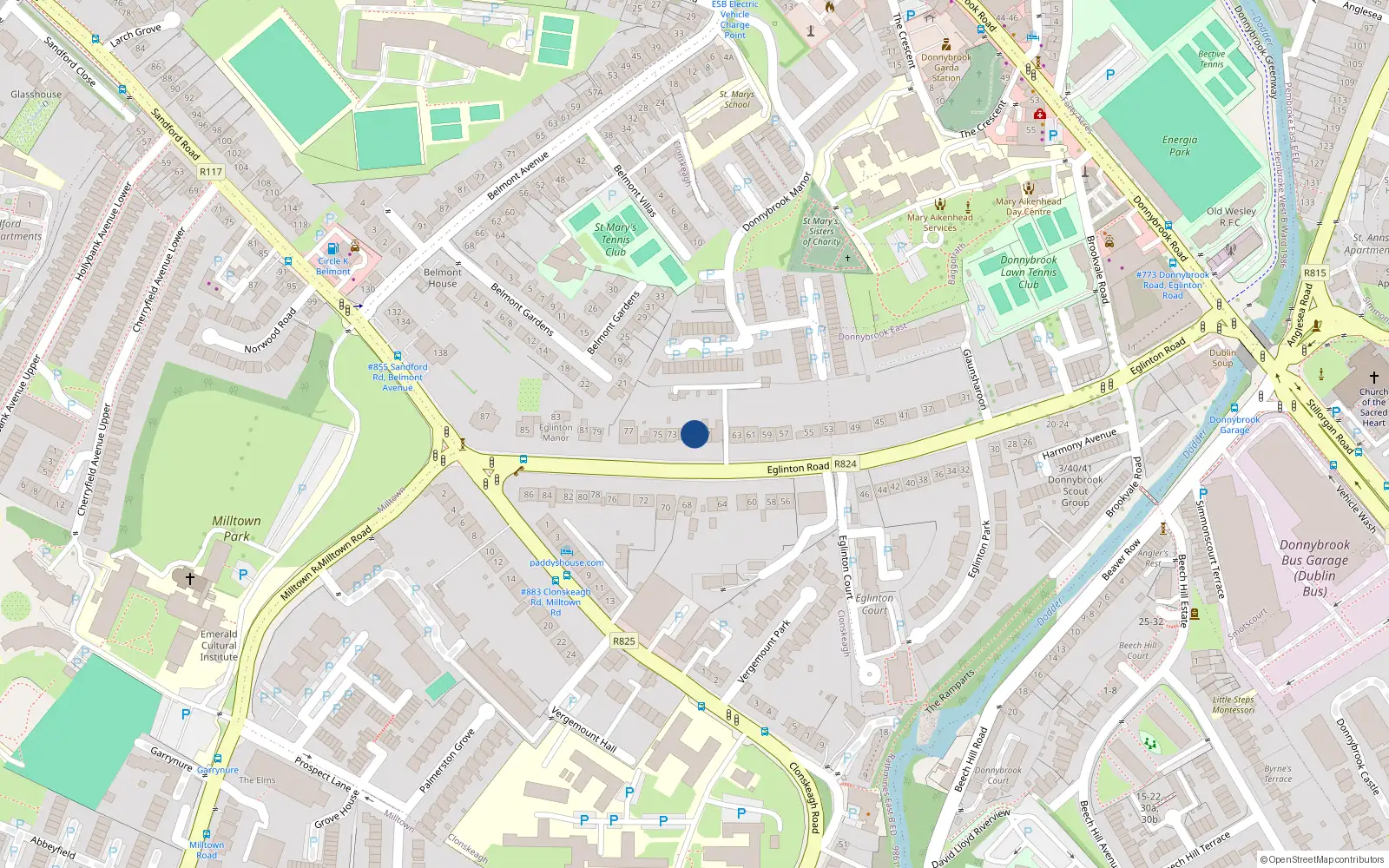 Overhead map showing the location of 69 Eglinton Road, Donnybrook