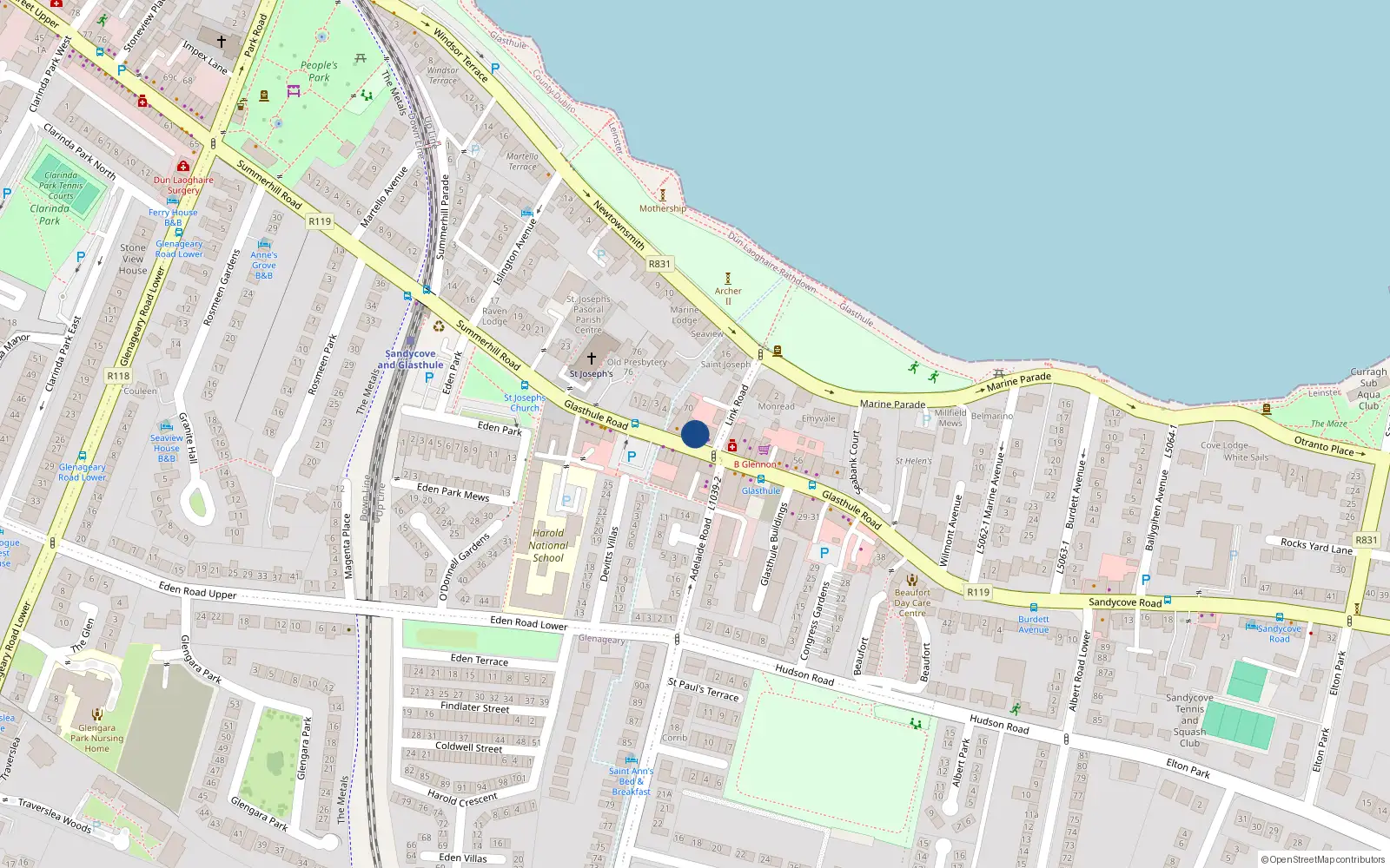 Overhead map showing the location of 69 Glasthule Road, Dun Laoghaire, Dublin