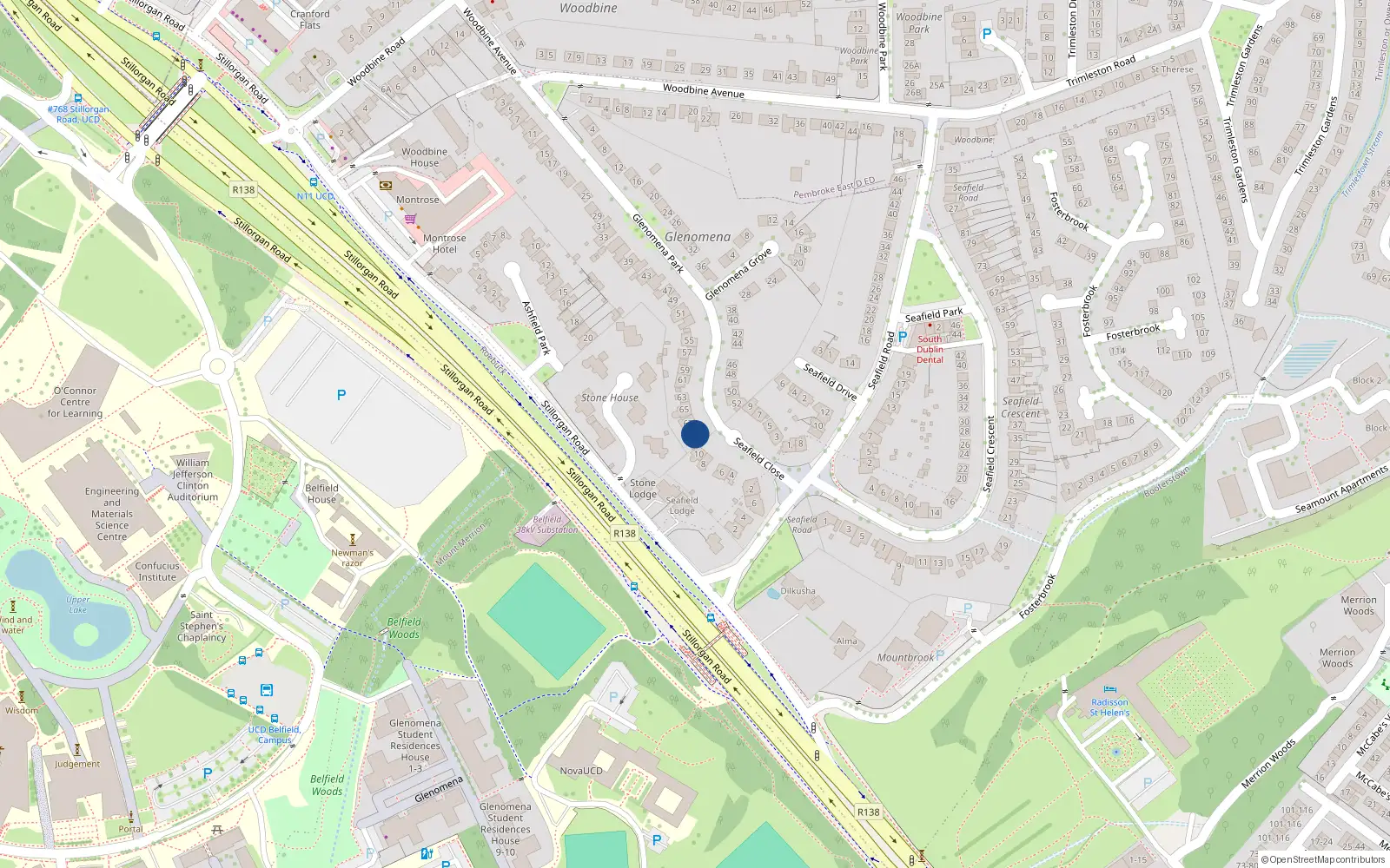 Overhead map showing the location of 69 Glenomena Park, Booterstown, Blackrock