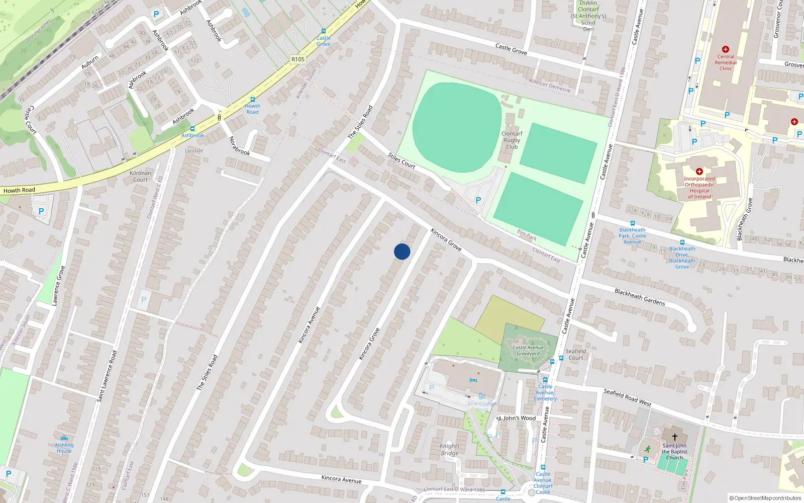 Overhead map showing the location of 69 Kincora Drive, Clontarf, Dublin 3