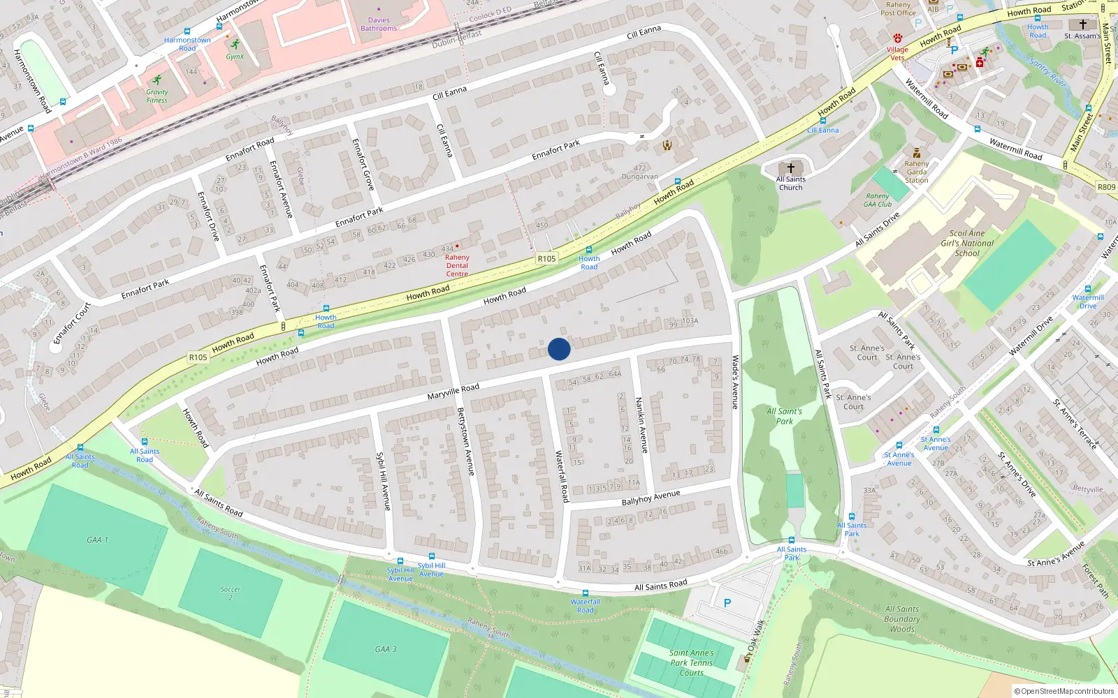 Overhead map showing the location of 69 Maryville Road, Raheny, Dublin 5