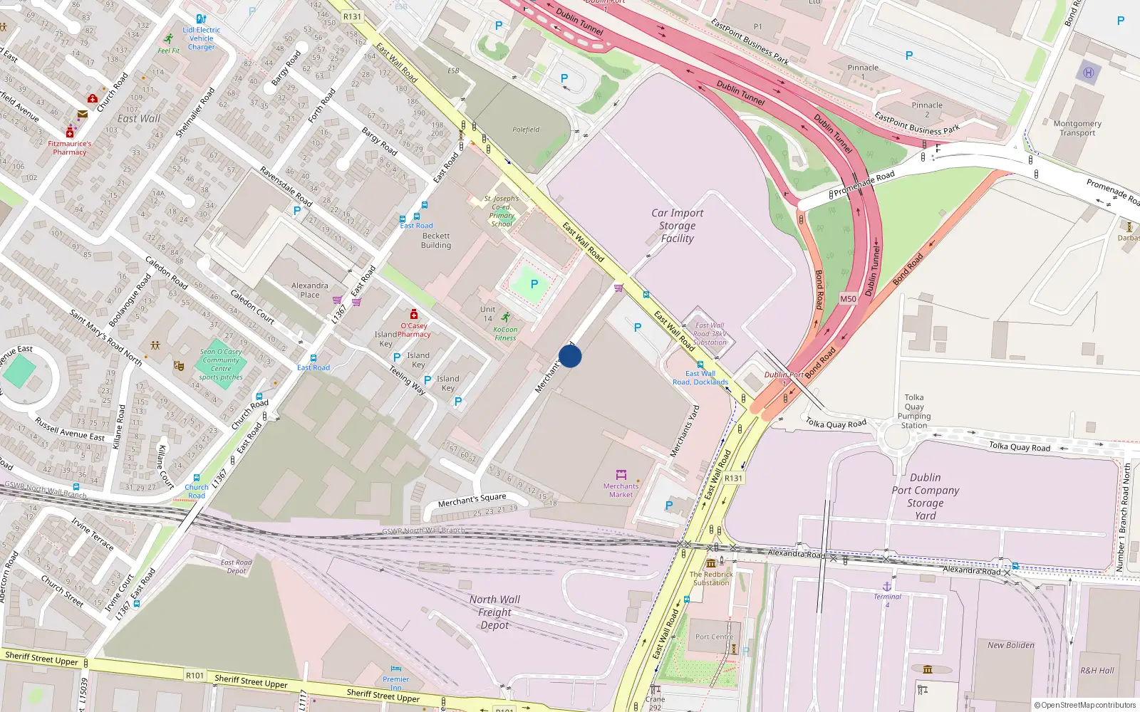 Overhead map showing the location of 69 Merchants Road, East Wall, Dublin 3