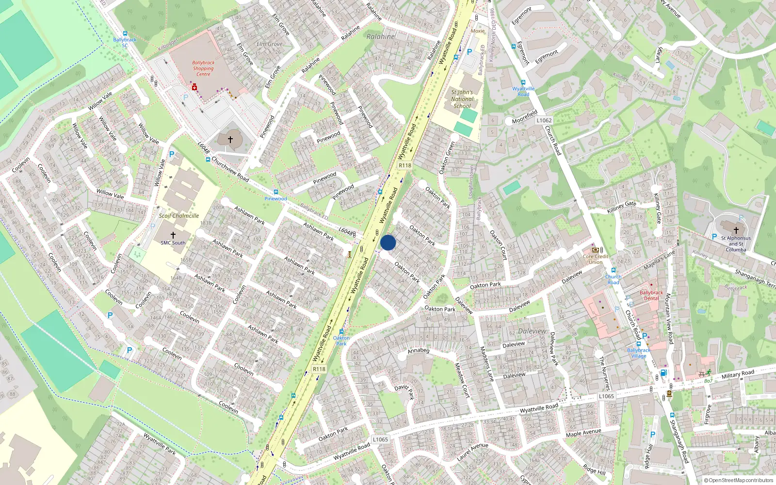 Overhead map showing the location of 69 Oakton Park, Dublin
