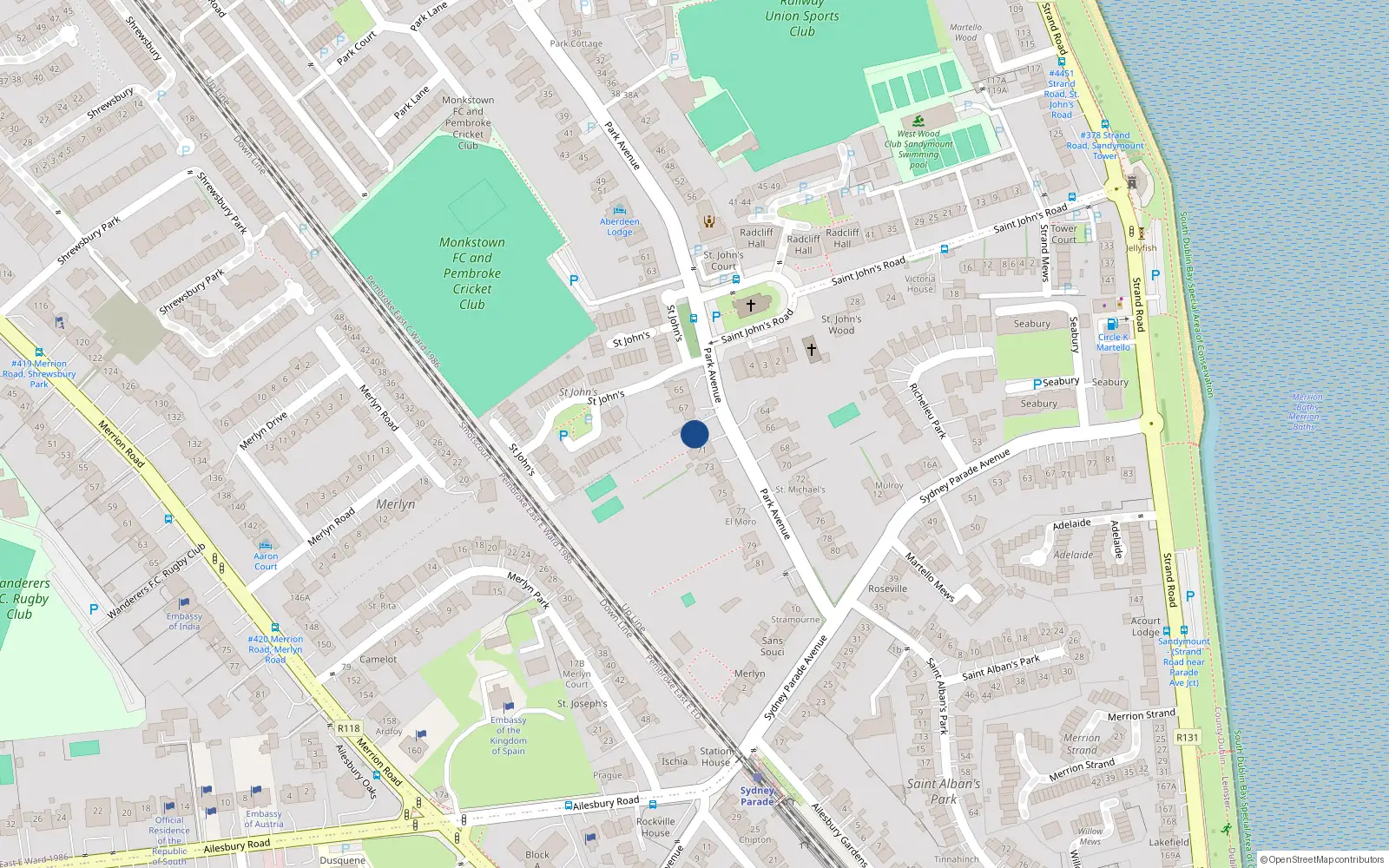 Overhead map showing the location of 69 Park Avenue, Sandymount