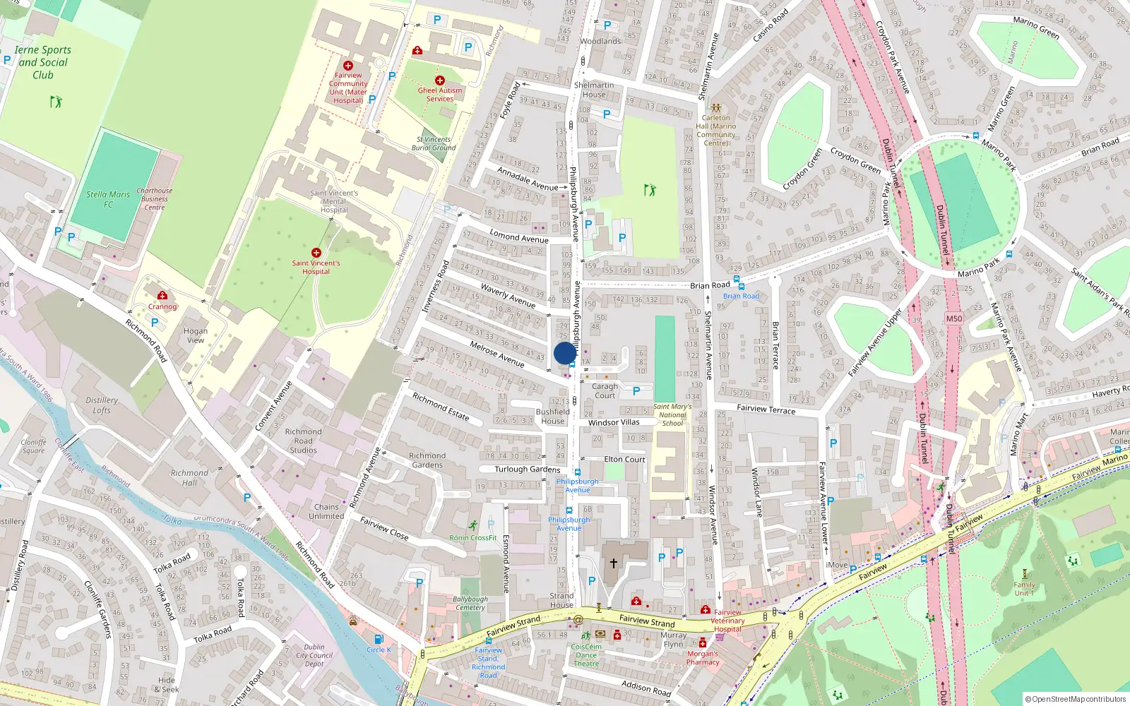 Overhead map showing the location of 69 Philipsburgh Avenue, Fairview, Dublin 3