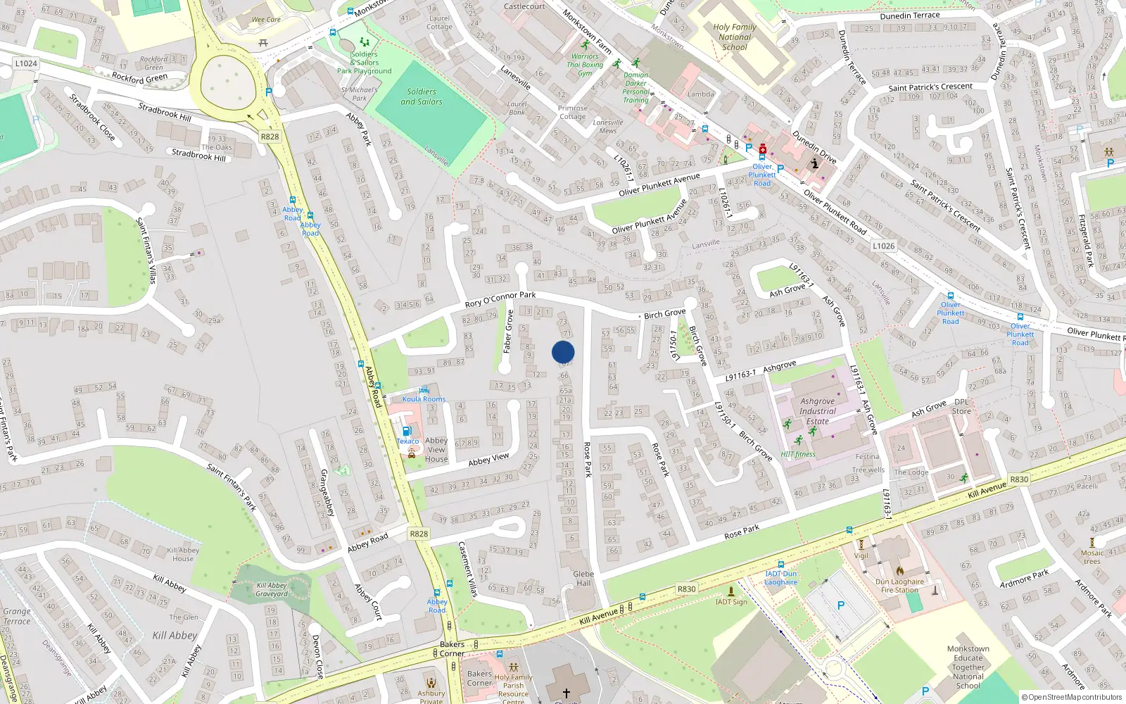 Overhead map showing the location of 69 Rory O Connor Park, Monkstown, Dun Laoghaire