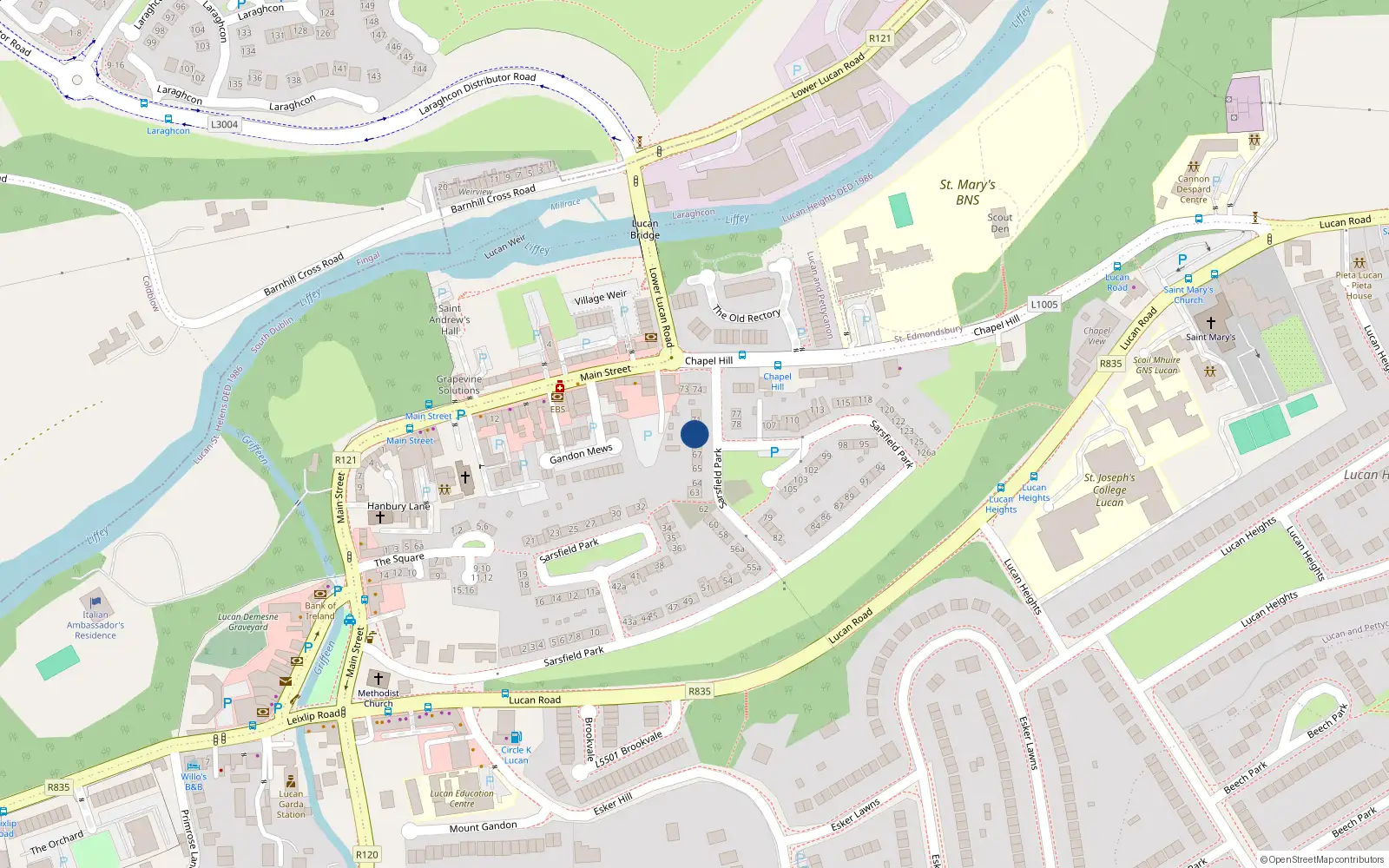 Overhead map showing the location of 69 Sarsfield Park, Lucan