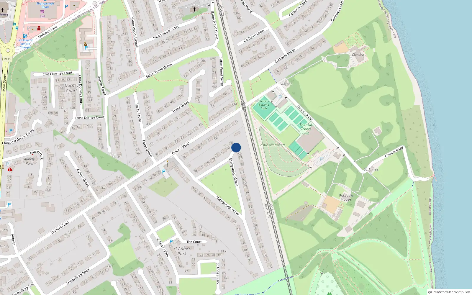 Overhead map showing the location of 69 Shanganagh Grove, Shankill