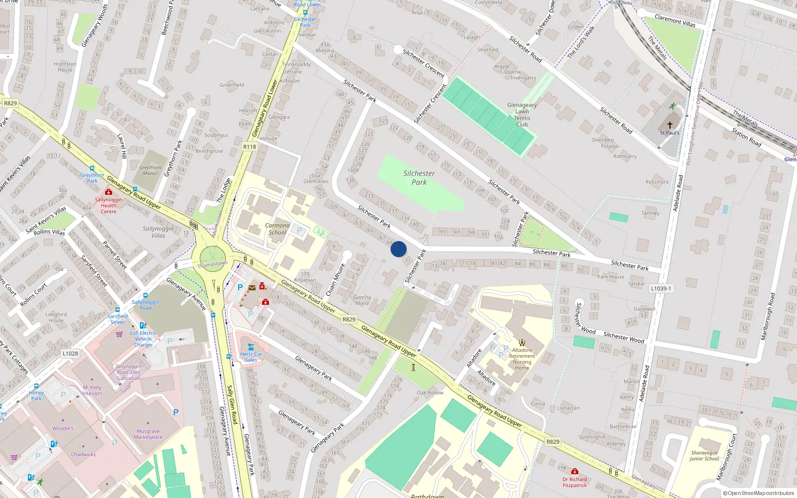Overhead map showing the location of 69 Silchester Park, Glenageary, Dun Laoghaire