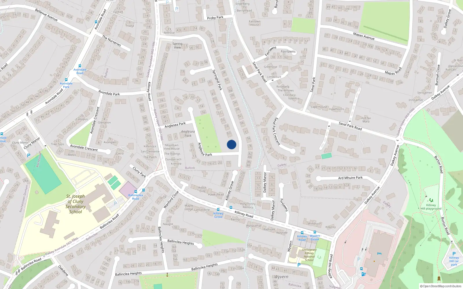 Overhead map showing the location of 69 Springhill Park, Killiney, Dublin