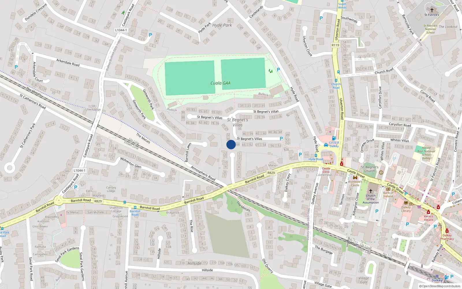 Overhead map showing the location of 69 St Begnets Villas, Dalkey, Dublin