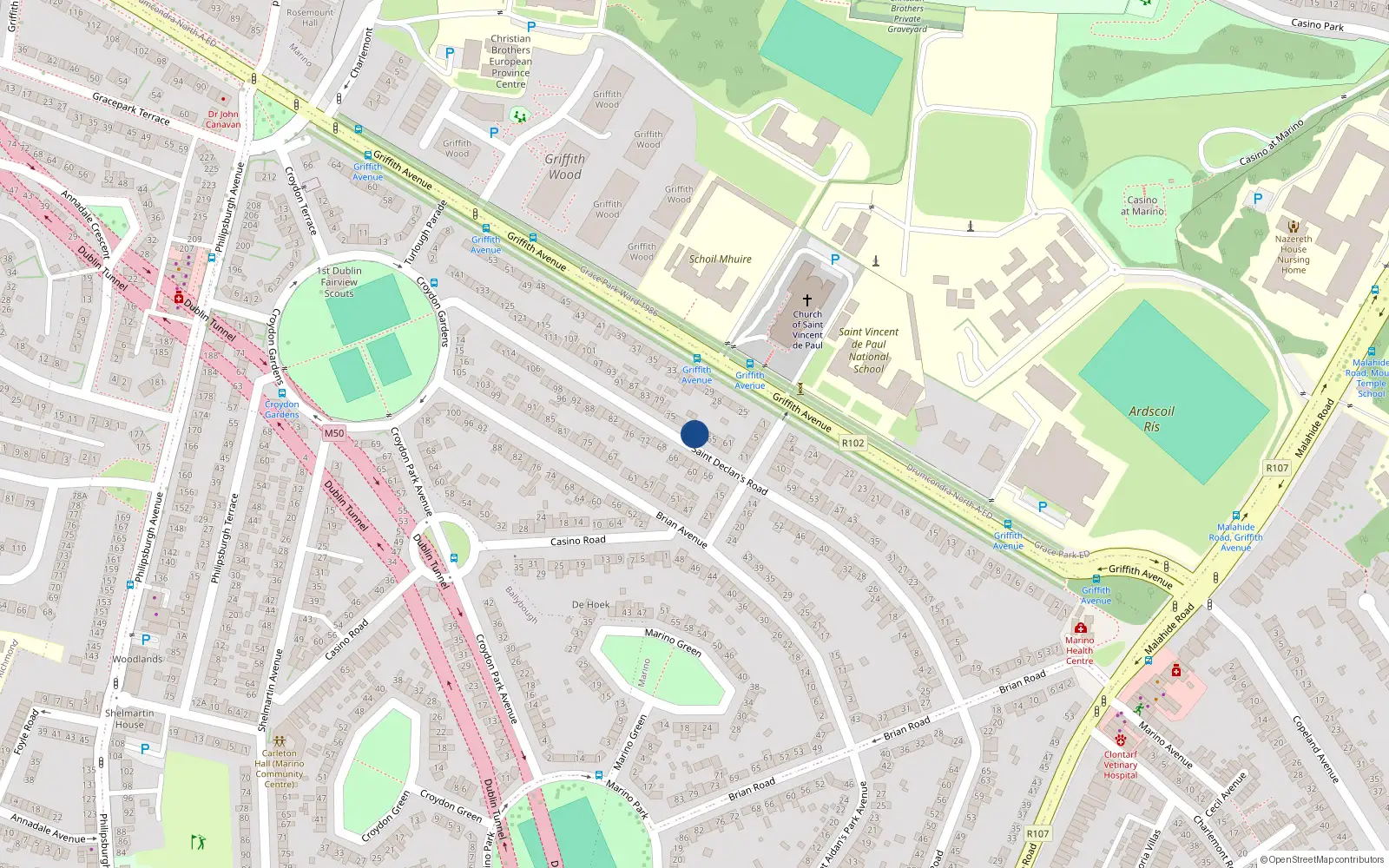 Overhead map showing the location of 69 St Declans Road, Marino, Dublin 3