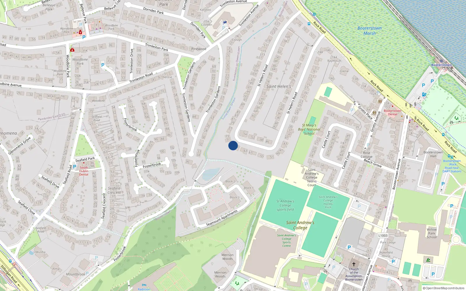 Overhead map showing the location of 69 St Helens Road, Booterstown, Blackrock