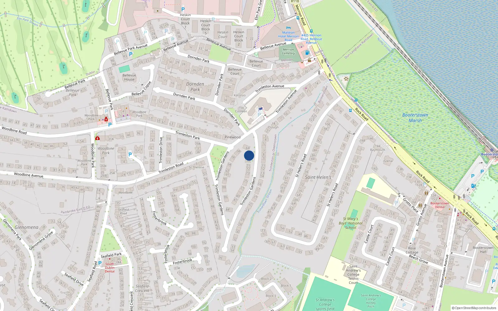 Overhead map showing the location of 69 Trimleston Gardens, Booterstown, Blackrock