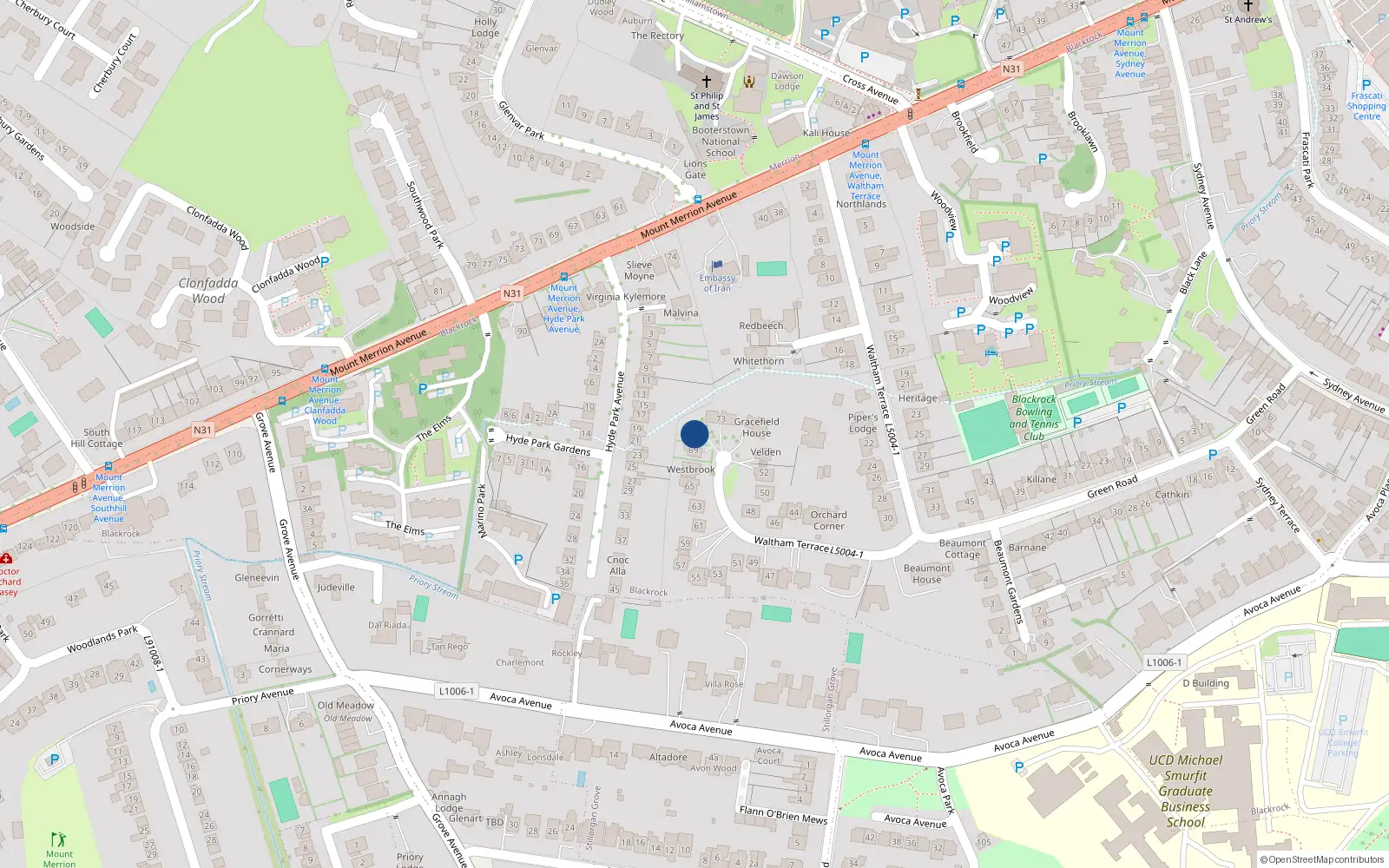 Overhead map showing the location of 69 Waltham Terrace, Blackrock